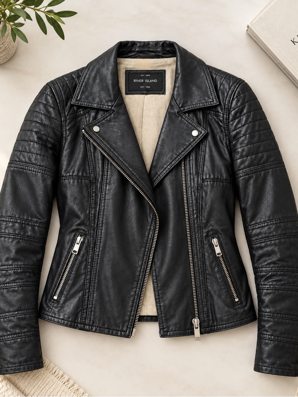 River Island Black Quilted-Shoulder Leather Moto Jacket